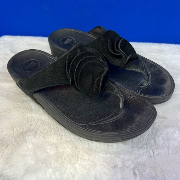 |•FITFLOP•| Black Leather Flower Comfort Sandals Size 9 - Picture 1 of 14